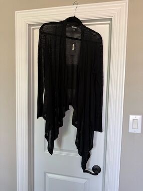 DKNY Black Open-Front Draped Mesh Cardigan